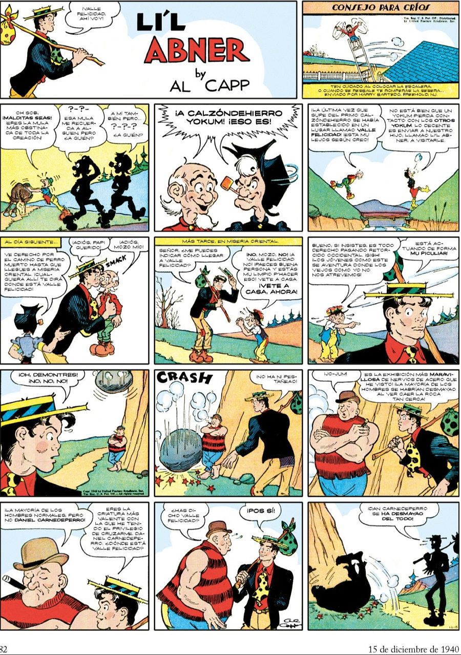 Viñetas de un cómic mostrando despedidas, una discusión sobre 'Calzóndehierro Yokum', un incidente con una roca y el 'Valle de la Felicidad'. Un personaje queda inconsciente.