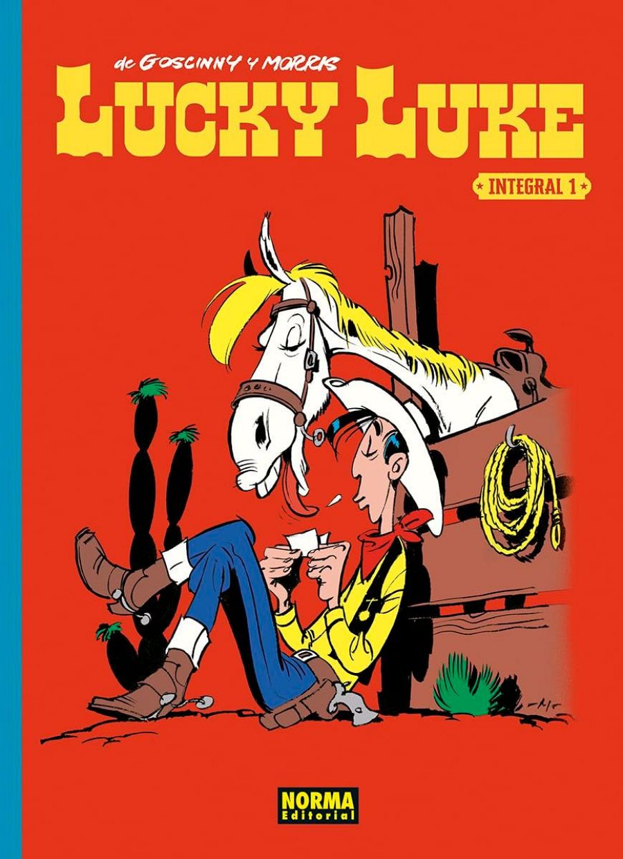 Portada del cómic Lucky Luke, integral 1, editado por Norma Editorial.  Lucky Luke enrolla un cigarrillo junto a su caballo, Jolly Jumper, sobre un fondo rojo.