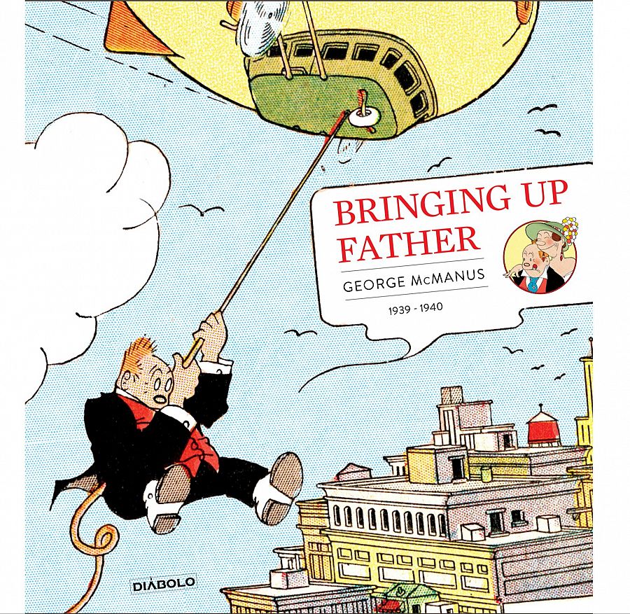 Portada de cómic con escena humorística: hombre agarrado a un dirigible sobre un edificio.  Incluye el nombre del autor y las fechas 1939-1940.