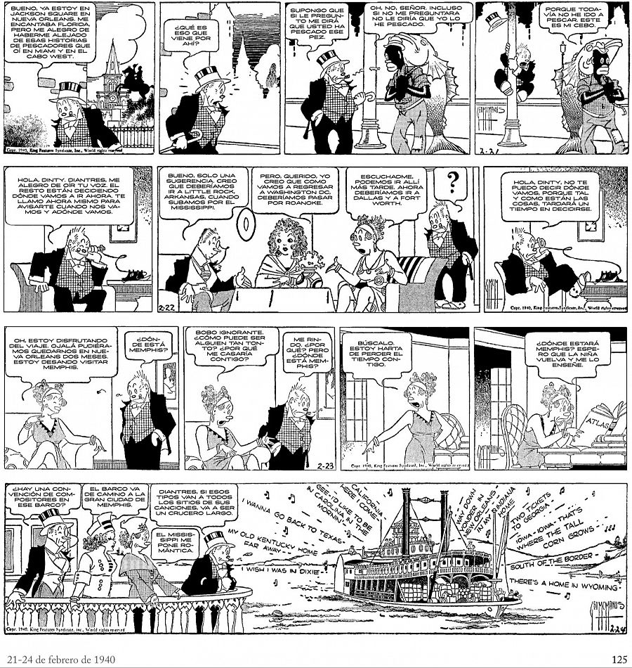 Viñetas de un cómic muestran a una pareja en un viaje por río, con paradas sugeridas y referencias a canciones regionales de Estados Unidos.