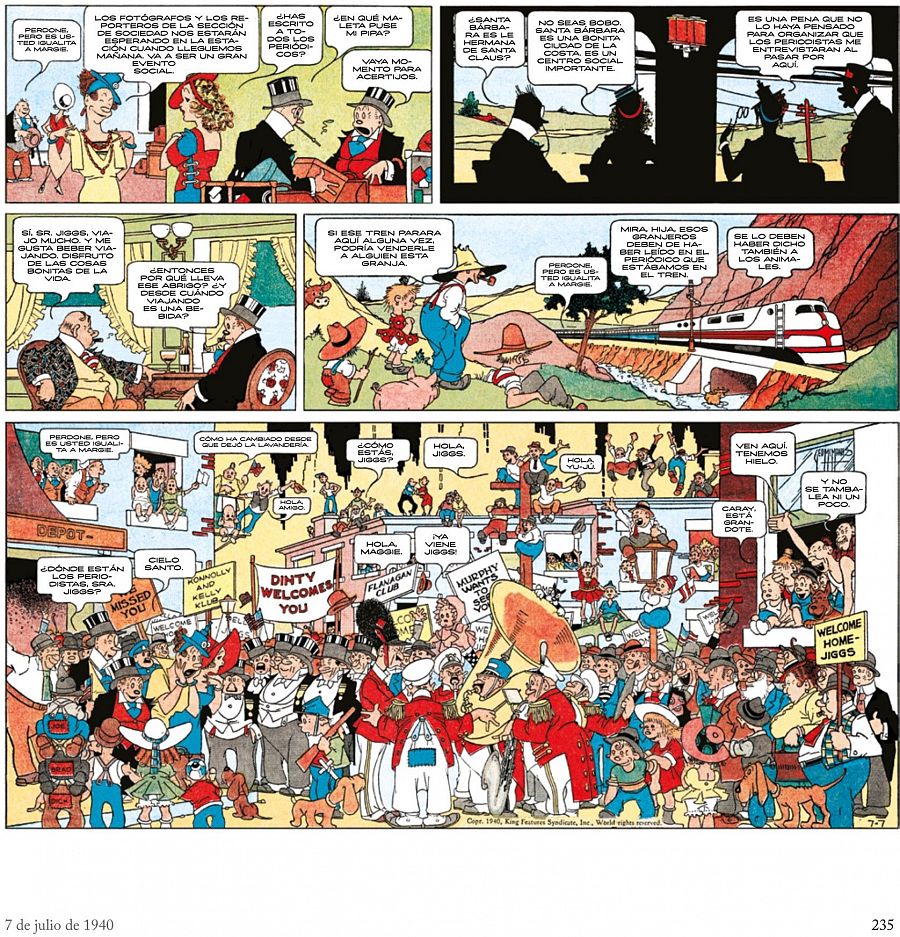 Viñetas de cómic mostrando una pareja, un hombre en un sillón, un niño y un adulto en el campo, y una multitud con pancartas.  Se infiere un viaje y una llegada esperada.