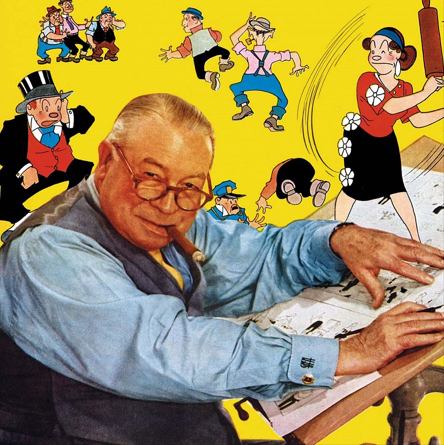 Autor de cómic trabajando en su mesa, rodeado de personajes caricaturescos de su obra; hombre mayor con gafas y puro, camisa azul y chaleco gris, concentrado en su dibujo.