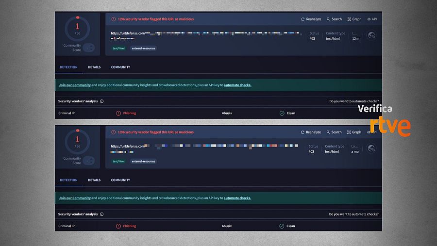 Resultados de análisis web VirusTotal mostrando puntuación de comunidad, detalles de detección y opciones para reanalizar, buscar o graficar. Incluye invitación a unirse a la comunidad.