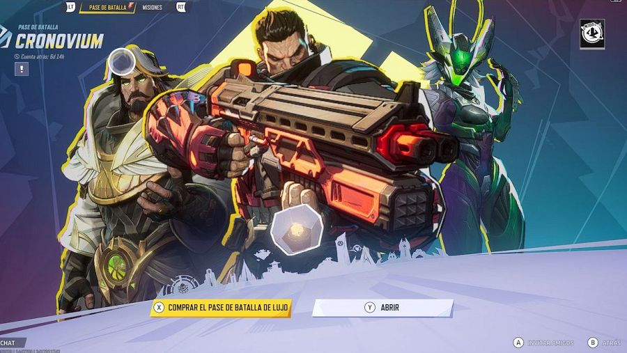 Menú de pase de batalla con tres personajes (uno dorado, otro con arma grande, y uno robótico), temporizador de cuenta atrás y opciones de compra.