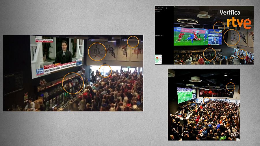 Coincidencias entre el vídeo de redes, a la izquierda, y dos fotografías del bar del estadio Ashton Gate de Bristol (Inglaterra), a la derecha.