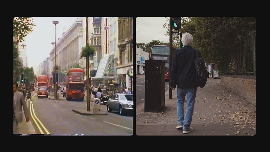 Comparación de imágenes de Londres: una antigua y otra actual donde se ve a un hombre, posiblemente Kiko Veneno, caminando por la calle.