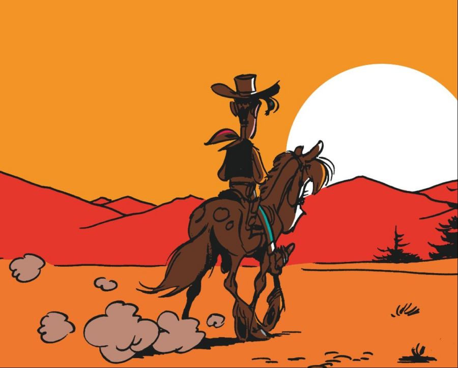 Vaquero a caballo alejándose al atardecer, dejando una estela de polvo.  Cielo anaranjado y montañas rojizas al fondo.