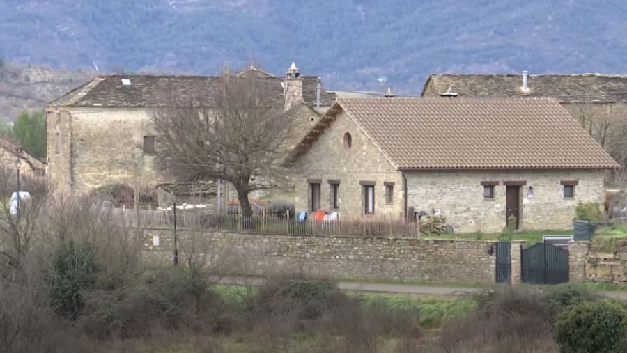 Casas de piedra, tejados de pizarra, árbol sin hojas, muro de piedra y montañas al fondo.  Vista rural de un pueblo.