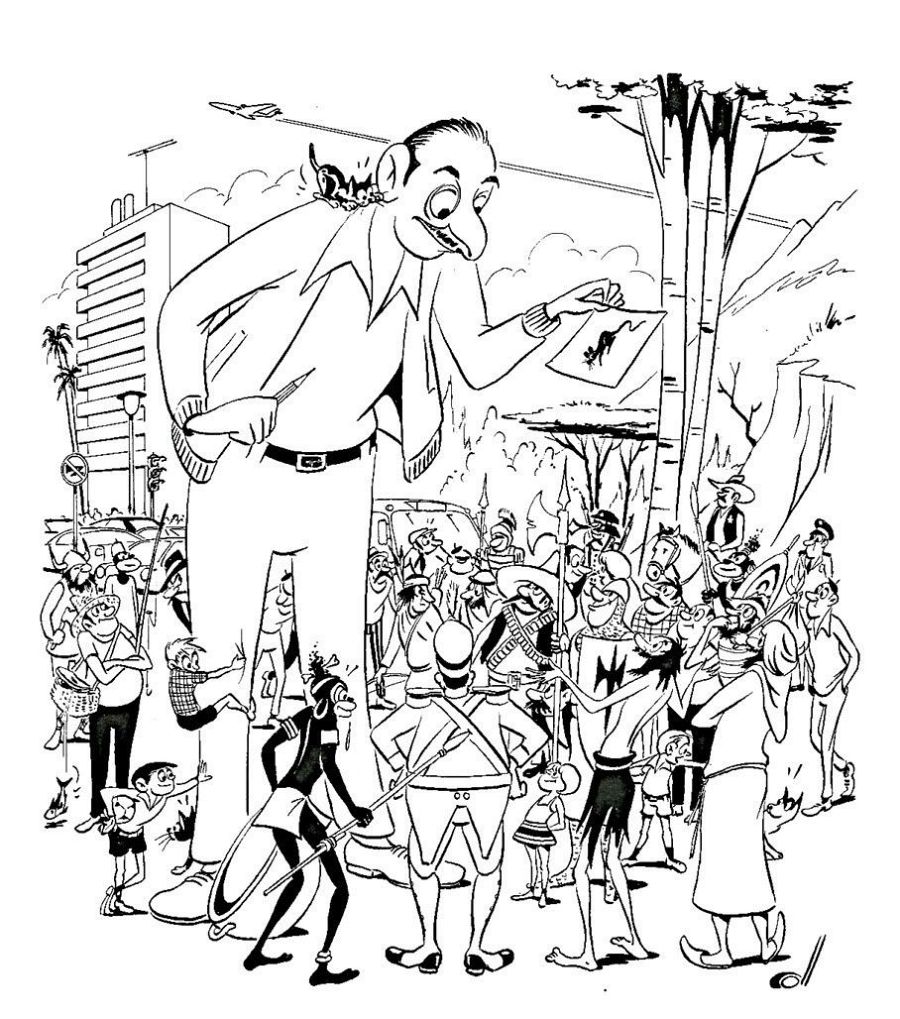 Autorretrato gigante y humorístico de Coll entre una multitud de personajes fantásticos y humanos, con un avión en su hombro y un dibujo en su mano. Fondo con edificios y naturaleza.