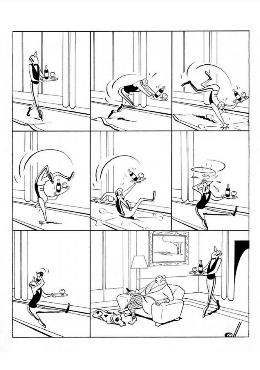 Siete viñetas muestran las caídas y acrobacias de un camarero con una bandeja, culminando en la entrega al cliente.