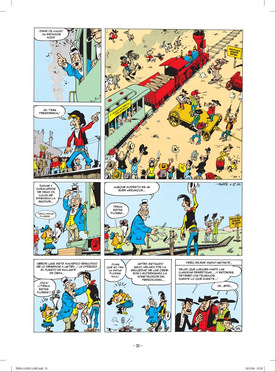 Viñetas de un cómic mostrando la llegada de un tren, un recibimiento con flores a Lucky Luke, quien rechaza un puesto de trabajo para detener la construcción de un ferrocarril.