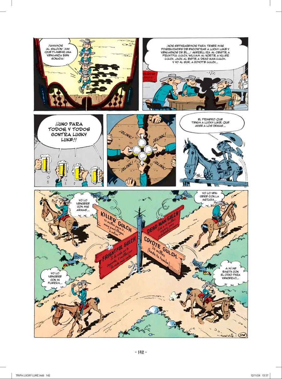 Viñetas de un cómic que muestran un plan contra Lucky Luke, con personajes separándose hacia diferentes lugares indicados en carteles con distancias.