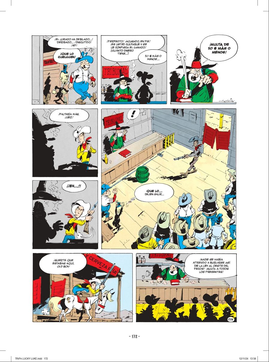 Viñetas de un cómic mostrando un juicio en un saloon, la confiscación de ganado, una multa de 50 dólares y una posterior reprimenda por burlarse de alguien.