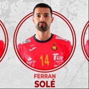 Retrato de un jugador de balonmano con camiseta roja y azul, número 14 y logotipos visibles.  Su nombre aparece escrito debajo.