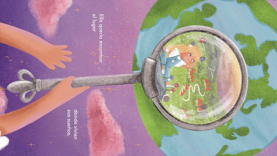 Manos sujetan llave con lupa mostrando paisaje onírico; niña alada; texto: 