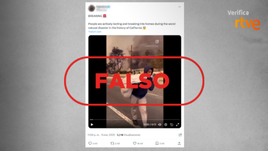 Vídeo en X desmentido por RTVE Verifica: persona corriendo con objeto blanco, texto sobre saqueos durante desastre natural en California; marca de agua 
