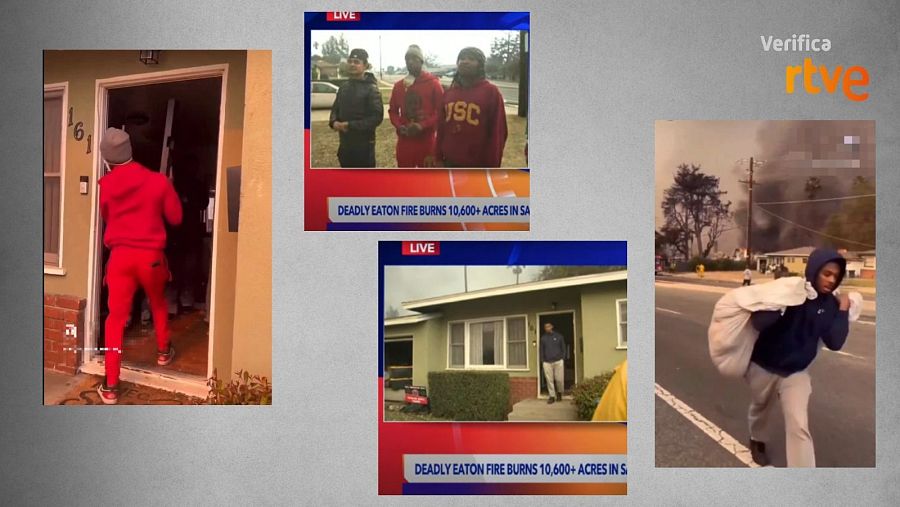 Collage de RTVE verificando imágenes de un incendio: personas evacuando, reporteros, y comparación con vídeo de redes sociales.  Se indica un incendio de más de 10,600 acres.