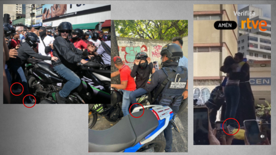 Tres imágenes muestran a una persona con zapatillas blancas en distintas escenas de una multitud, en una motocicleta y siendo abrazada; posiblemente un evento público.