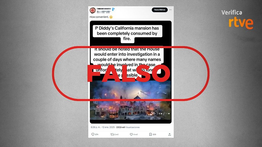 RTVE desmiente una publicación antigua (12/01/2005) que afirma falsamente que una mansión fue destruida por un incendio.  Marca de agua 