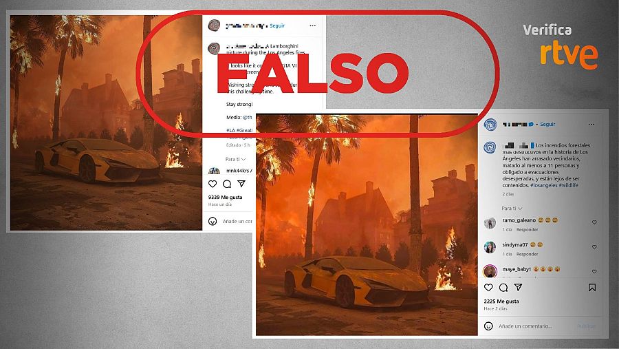 Imagen falsa de un Lamborghini en un incendio de Los Ángeles, desmentida por RTVE Verifica.  Publicaciones en redes sociales con miles de 'me gusta' muestran la imagen manipulada.