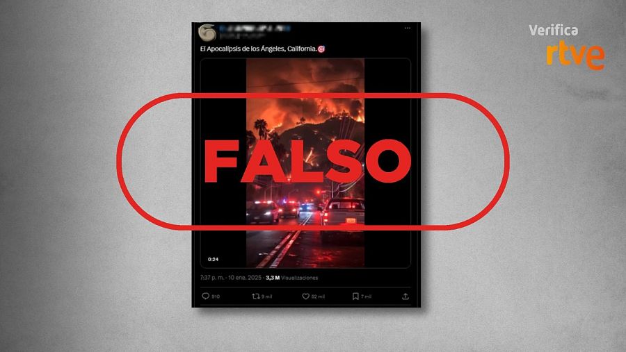 RTVE verifica como falsa una publicación con imagen de incendio nocturno y texto 'El Apocalipsis de Los Ángeles, California'.  Sello rojo 'FALSO' sobre la imagen.