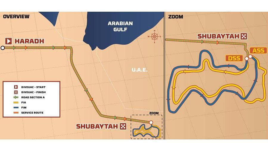 Mapa del recorrido Dakar 2025, etapa 10: Haradh-Shubaytah.  Muestra rutas principales y secundarias, inicio/fin vivac, y zooms a detalle de Shubaytah.