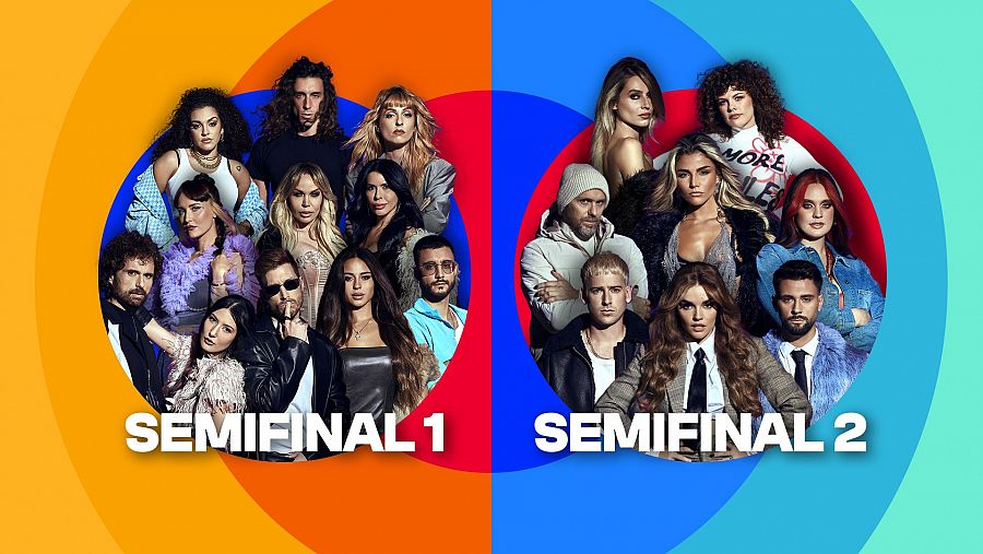 Reparto de artistas para las semifinales del Benidorm Fest 2025.  Dos mitades, naranja y azul, muestran los participantes de cada semifinal.