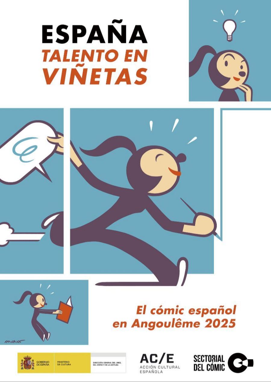 Cartel estilo cómic anunciando la participación española en Angoulême 2025.  Muestra a una mascota femenina en varias viñetas realizando acciones relacionadas con el dibujo y la lectura, con logotipos de instituciones involucradas.