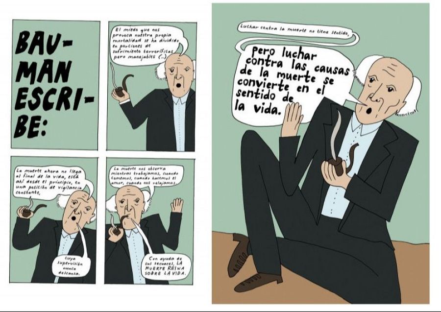 Viñetas de un cómic europeo muestran a un hombre mayor fumando pipa, reflexionando sobre la muerte y su constante presencia en la vida, con citas sobre el miedo a la mortalidad y la lucha contra sus causas.