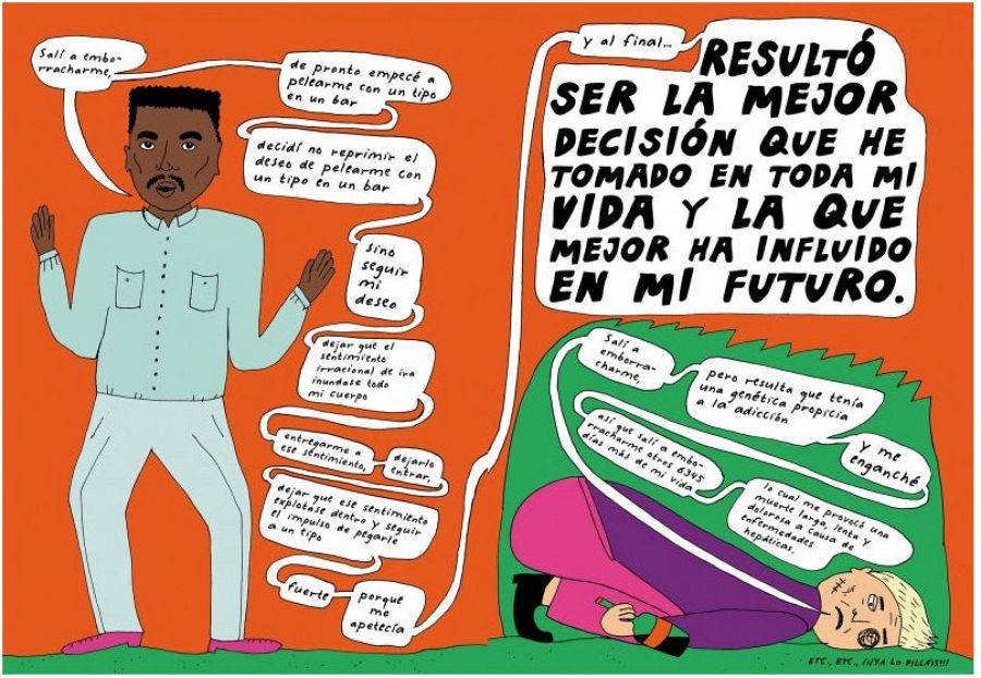 Viñeta de cómic con dos personajes, uno de pie y otro tumbado, mostrando pensamientos contradictorios sobre una pelea en un bar y las consecuencias del alcoholismo, con un bocadillo final irónico.