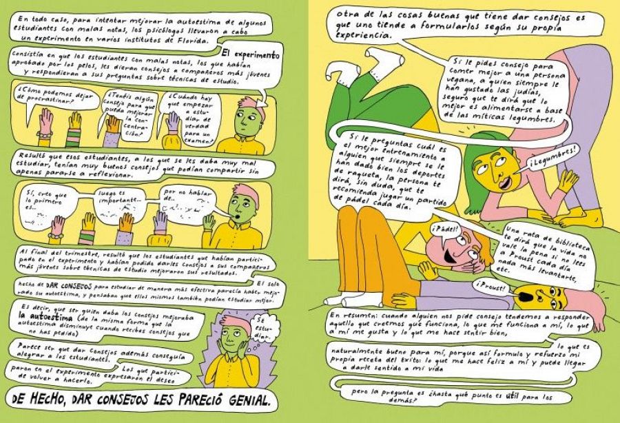 Cómic europeo: experimento sobre estudiantes dando consejos de estudio.  Mejora el rendimiento académico y la autoestima de quienes dan consejos, aunque estos se basen en su experiencia personal.