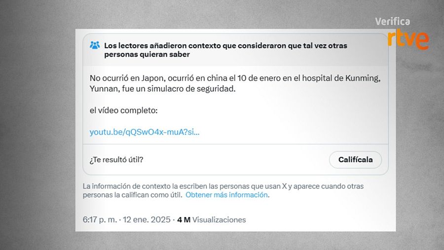 Nota de comunidad de X (verificada por RTVE) corrige ubicación de evento a China (10 de enero),  incluye enlace a video y opción de calificación. 4 millones de visualizaciones.