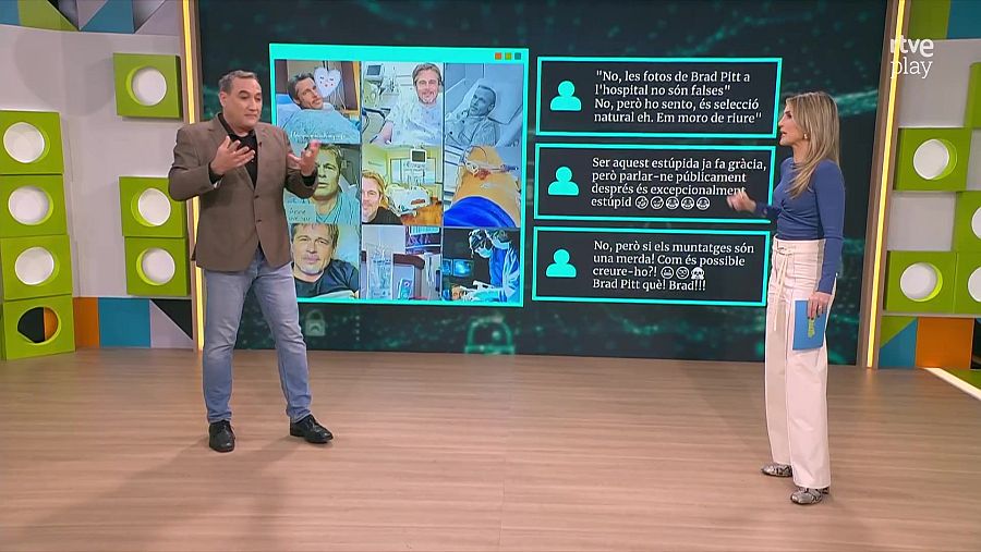 Debate televisivo sobre imágenes de Brad Pitt en un hospital, con comentarios de redes sociales proyectados en pantalla. Se analiza el odio online hacia víctimas de ciberestafas.