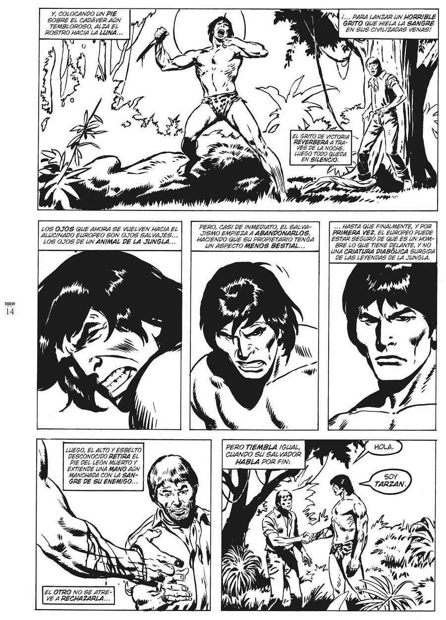 Encuentro entre Tarzán y un explorador aterrorizado tras la muerte de un león. Tarzán, inicialmente agresivo, se muestra pacífico, sellando la escena con un apretón de manos.