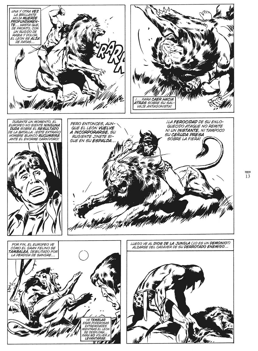 Viñetas de una pelea entre Tarzán y un león; Tarzán ataca al león con un cuchillo, el león contraataca, y finalmente Tarzán vence.