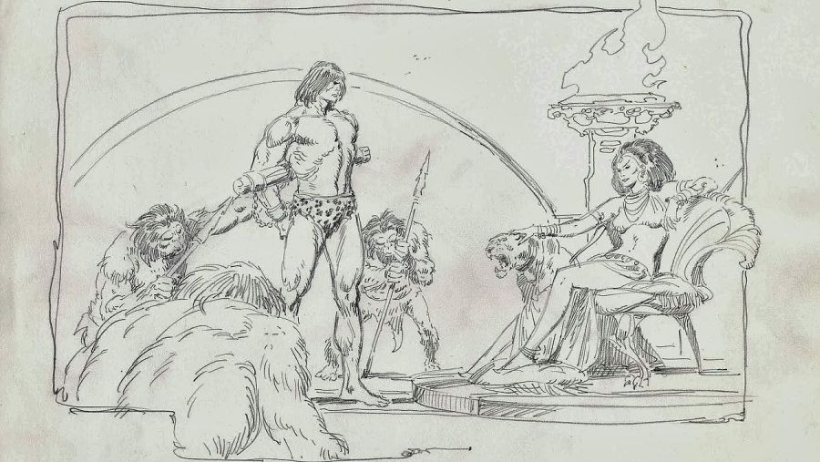 Boceto de una escena de cómic con Tarzán, hombres-mono con lanza, Jane en un trono y leones.  Estilo dinámico a lápiz, ambiente interior con arcos y antorcha.