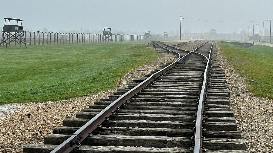 Vías de tren que desaparecen en la niebla, con valla y torres de vigilancia a los lados.  Imagen evocadora de sufrimiento y encierro.