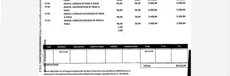 Factura por 69.413€ de libros de texto (Anaya) para el curso 2015/2020.  Incluye Lengua, Matemáticas, Ciencias Naturales y Sociales (60 unidades cada una).