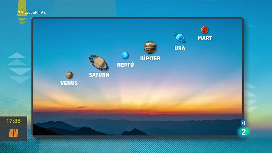 Alineación planetaria sobre paisaje montañoso, planetas etiquetados en catalán, con marcas de tiempo y canal de TV.