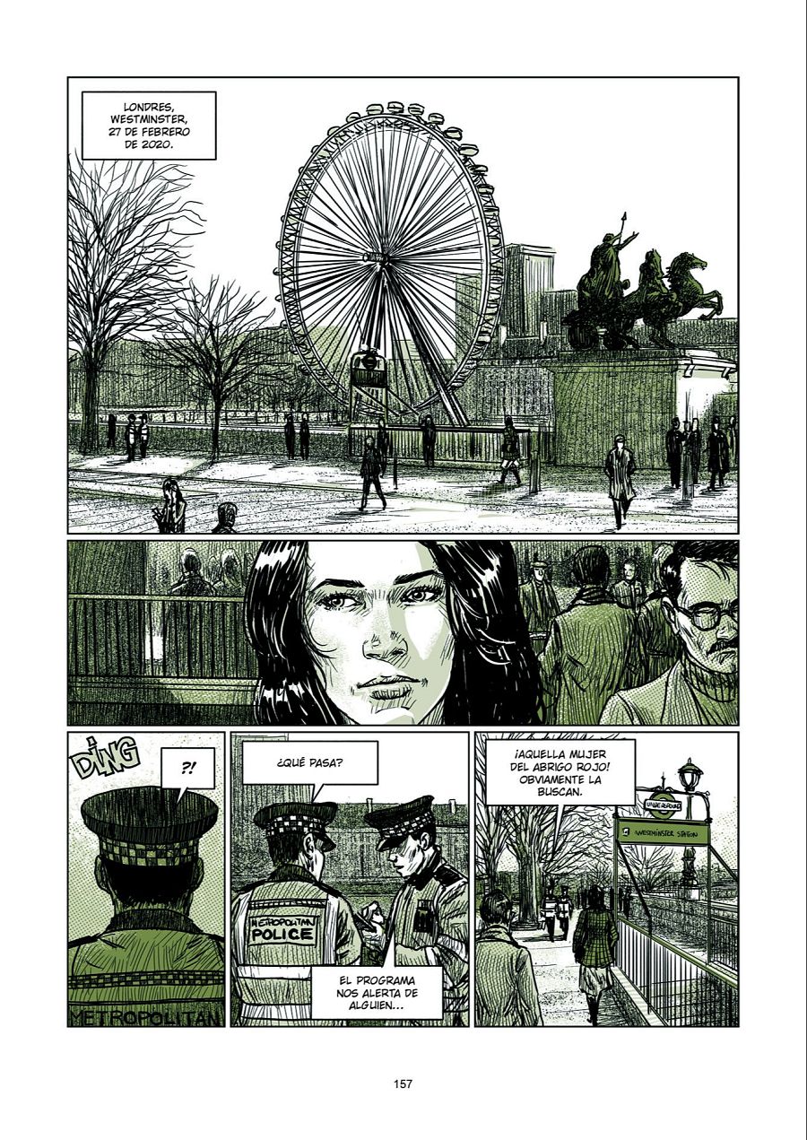 Viñetas de cómic en blanco y negro con tintes verdes mostrando escenas de Londres, una mujer, policías y una investigación. Página 157.