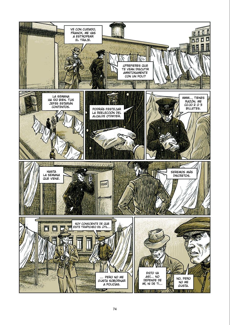 Cómic realista en blanco y negro con seis viñetas que muestran un soborno a un policía, con diálogos que sugieren un intercambio de dinero y una posible conexión con la reelección de un alcalde.