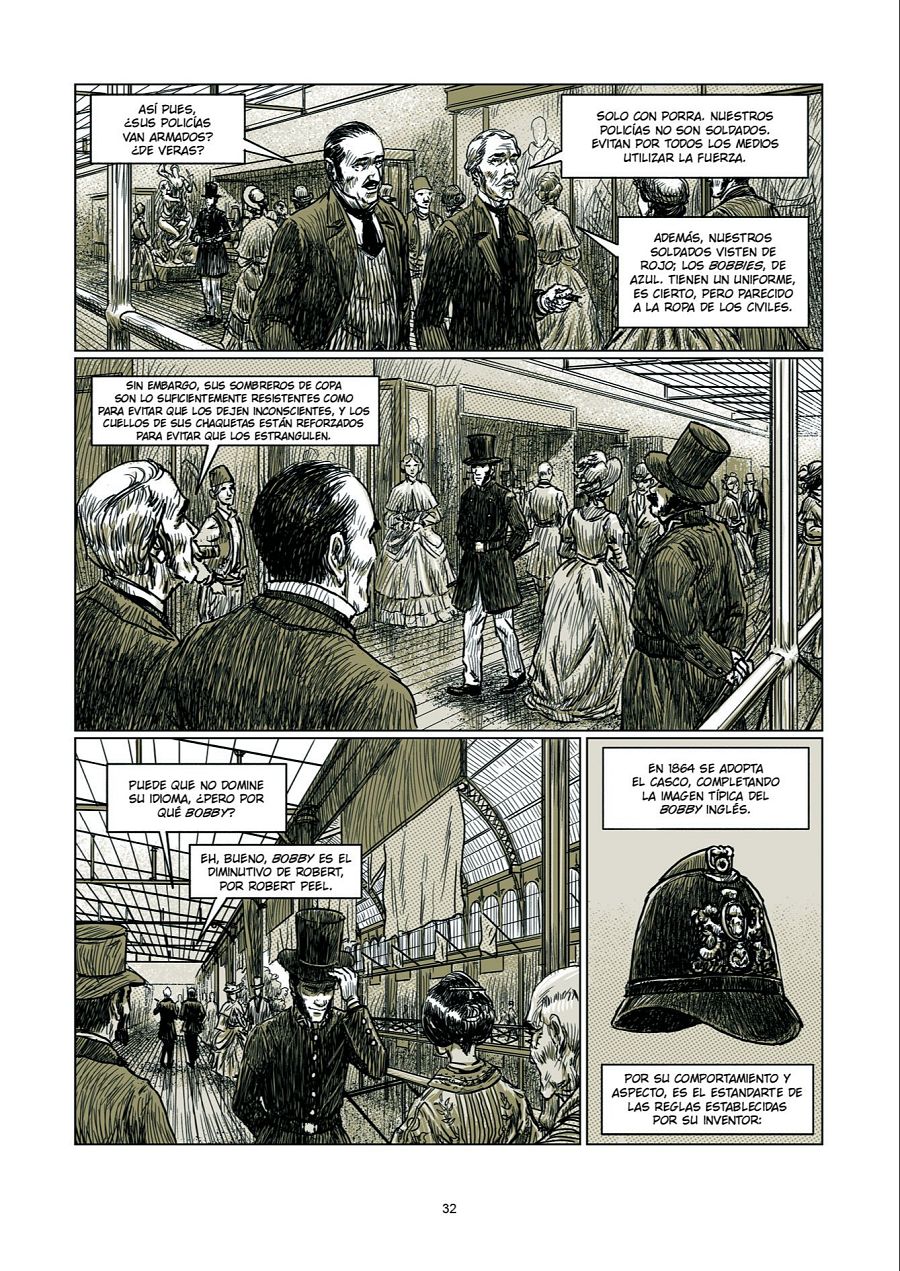 Viñetas de cómic sobre la historia de la policía británica, mostrando su uniforme, el origen del nombre 'bobby' y la adopción del casco en 1864.