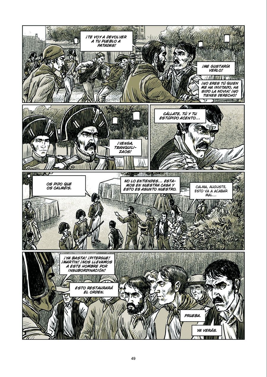 Discusión acalorada entre hombres, algunos con sombreros, en seis viñetas de cómic.  Amenazas, órdenes para calmarse y un arresto final por insubordinación.