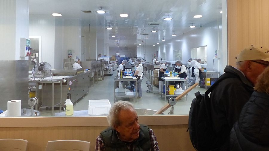 Planta de procesamiento de alimentos vista desde el exterior.  Trabajadores uniformados procesan alimentos en una sala limpia. Tres personas observan desde fuera.