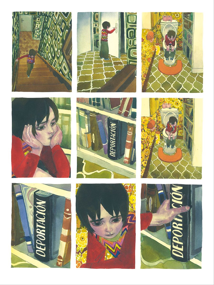 Nueve viñetas de cómic ilustran la tristeza de un niño, posiblemente relacionada con la deportación,  mostrada a través de su expresión y un libro titulado 