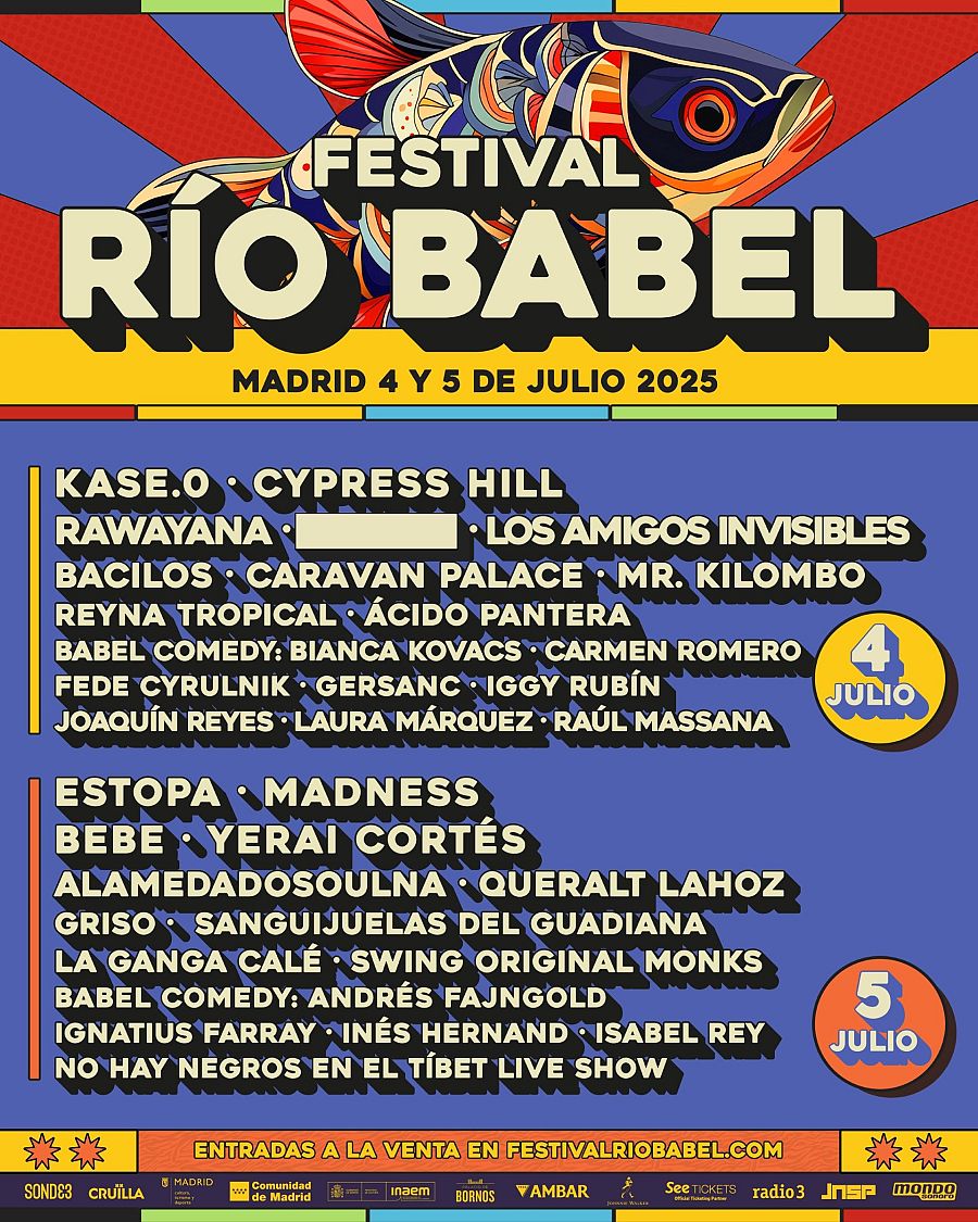 Cartel del Festival Río Babel 2025 en Madrid (4 y 5 de julio).  Artistas de música y comedia, diseño colorido con imagen de pez.