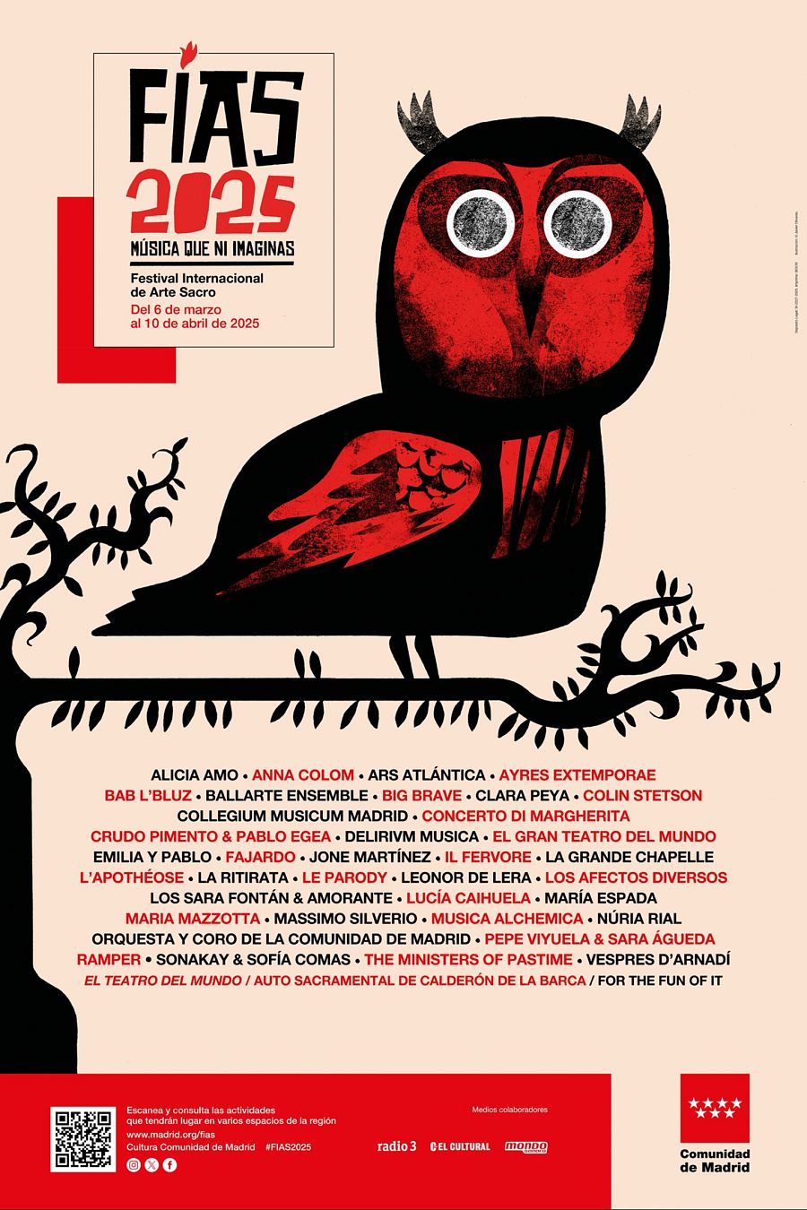 35ª edición del Festival Internacional de Arte Sacro (FIAS) en Madrid del 6 de marzo al 10 de abril de 2025.  Diseño con búho y lema 