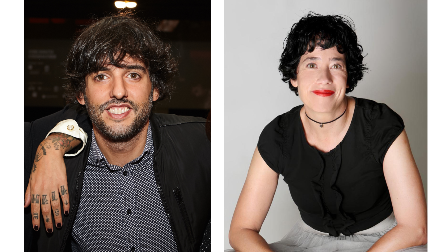 Retratos de dos guionistas de comedia: él con barba y tatuaje, ella con pelo corto y labios rojos.