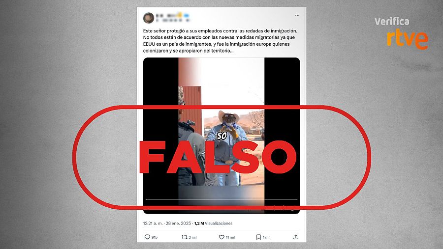 RTVE Verifica desmiente un vídeo en X (28 enero 2025, 1,2M visualizaciones) que falsamente afirma mostrar una redada migratoria en EE.UU.  Se superpone la palabra 
