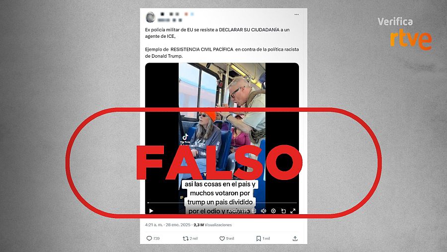 RTVE verifica como FALSO un vídeo de TikTok que muestra a dos personas en un autobús y difunde información falsa sobre resistencia civil.